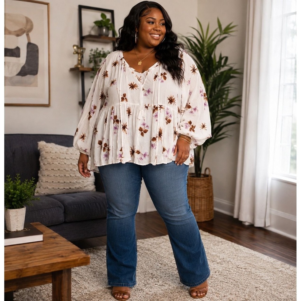 Dip Women Plus Size 3X Floral Peasant Blouse White Long Sleeve Boho Peplum Top